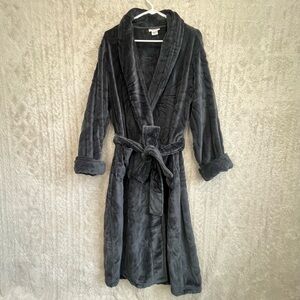 Natori Plush Gray Long Robe Sz L Patch Pockets Belt Tie Unbelievably Soft & Cozy